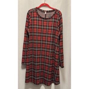 Simply Morning Red Black Plaid Swing Dress Women’s 1XL Long Sleeve USA Made